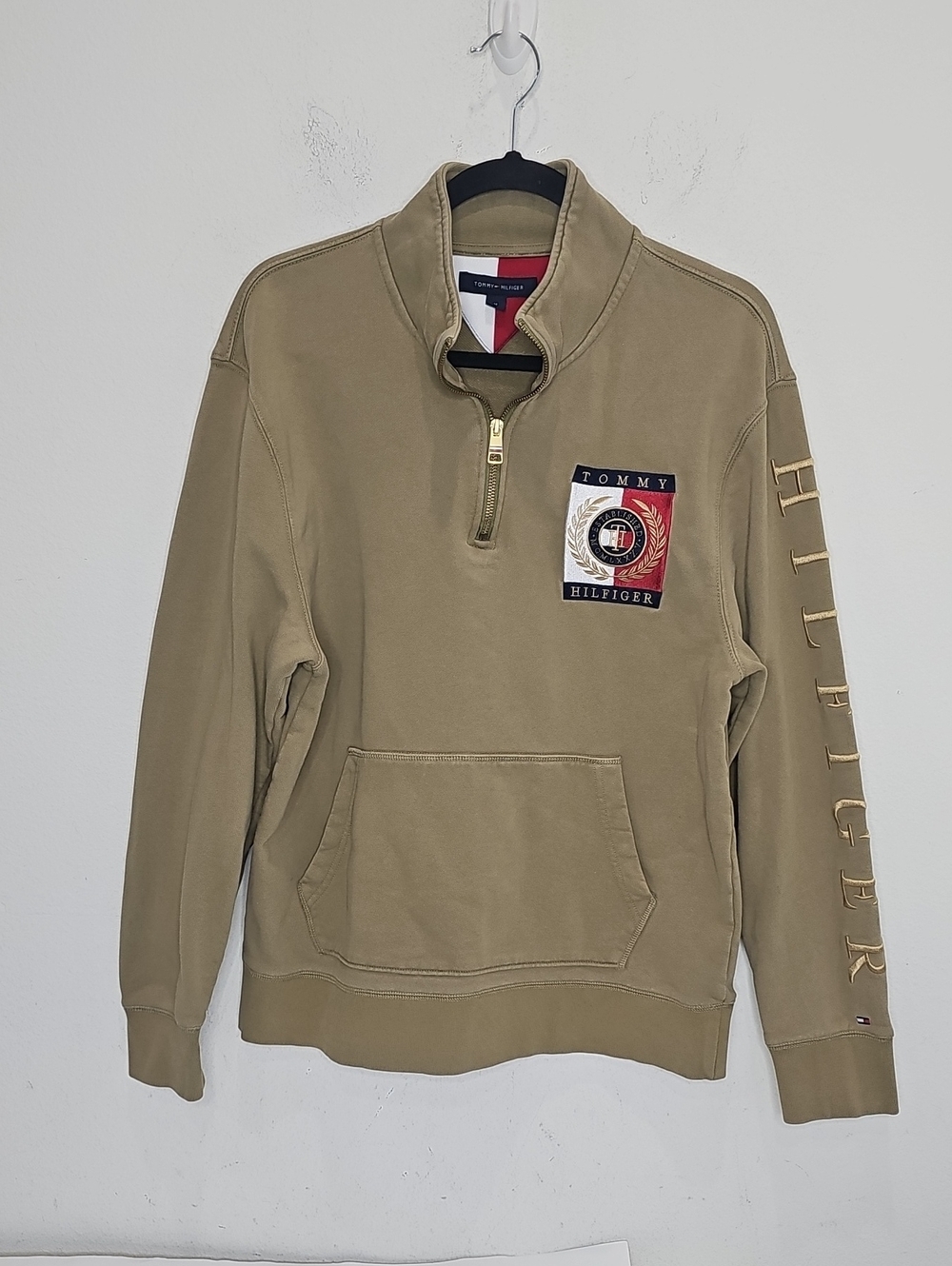 Tommy Hilfiger Tan Quarter-Zip Sweater With Logo Patch Size M